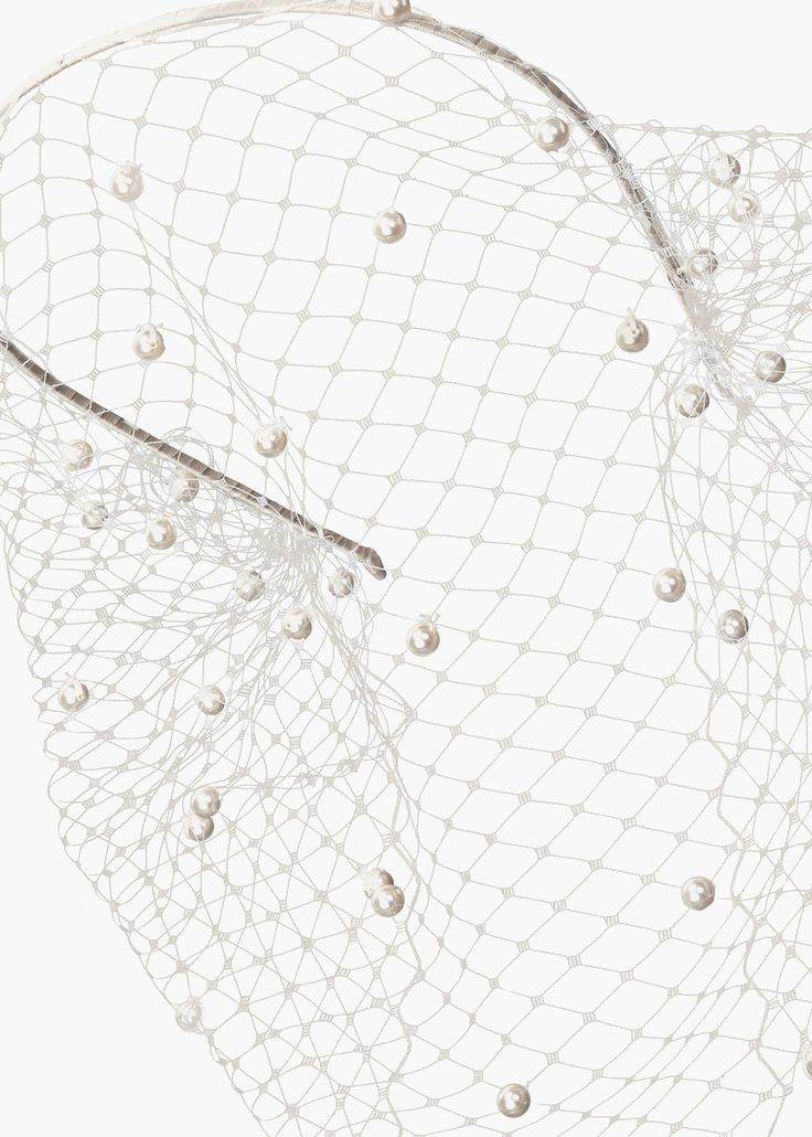 Our Paris Veil Headband, against a white background, showing here that the band itself is extremely thin, the white birdcage veil that would cover the face with delicate netting and pearl detailing. Perfect for brides on their wedding day for timeless looks.